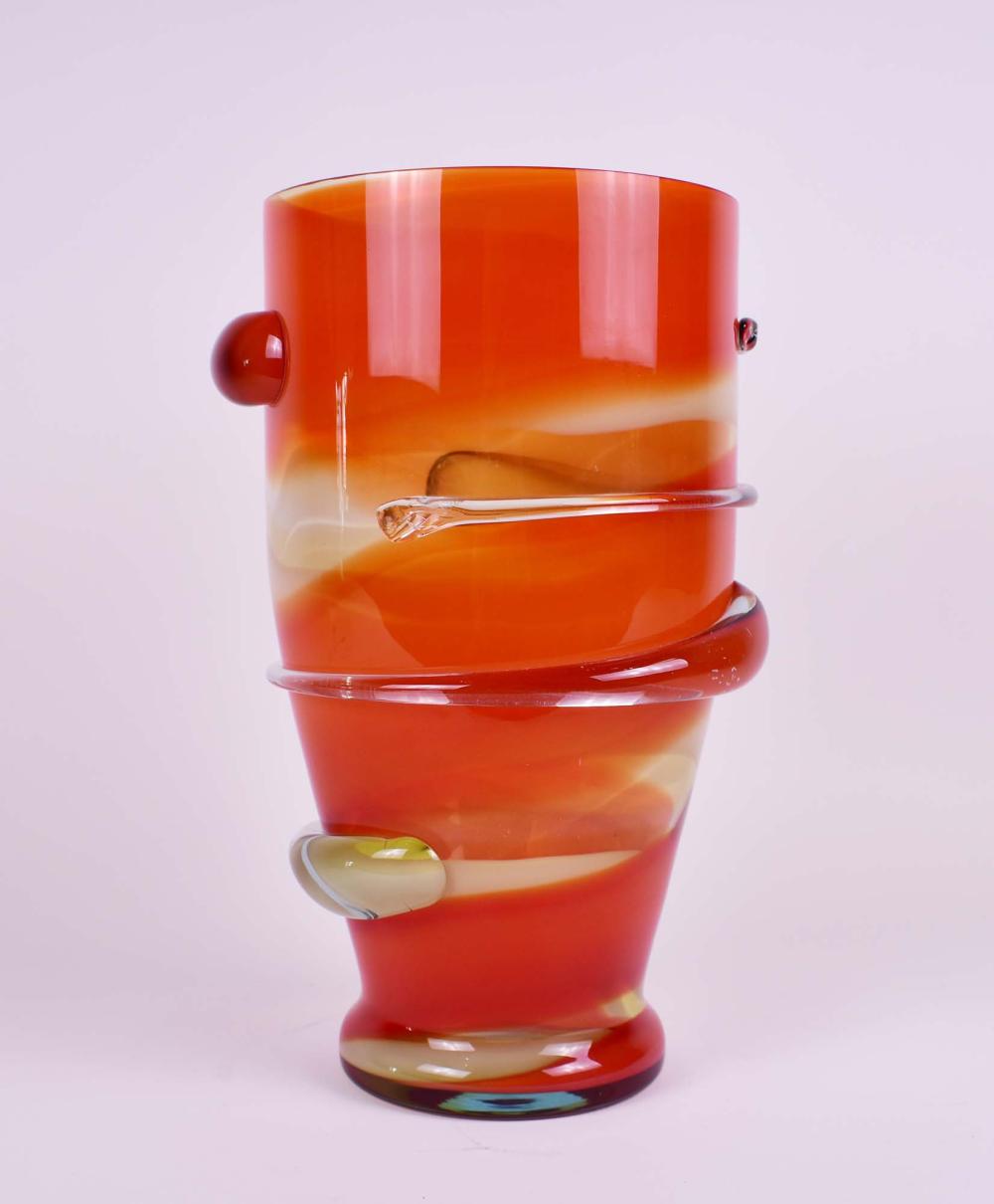 Appraisal: CONTEMPORARY ART GLASS CYLINDRICAL VASEUnsigned The orange and white vessel