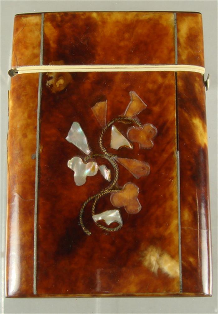 Appraisal: Tortoiseshell card case MOP inlay some missing crack below hinge