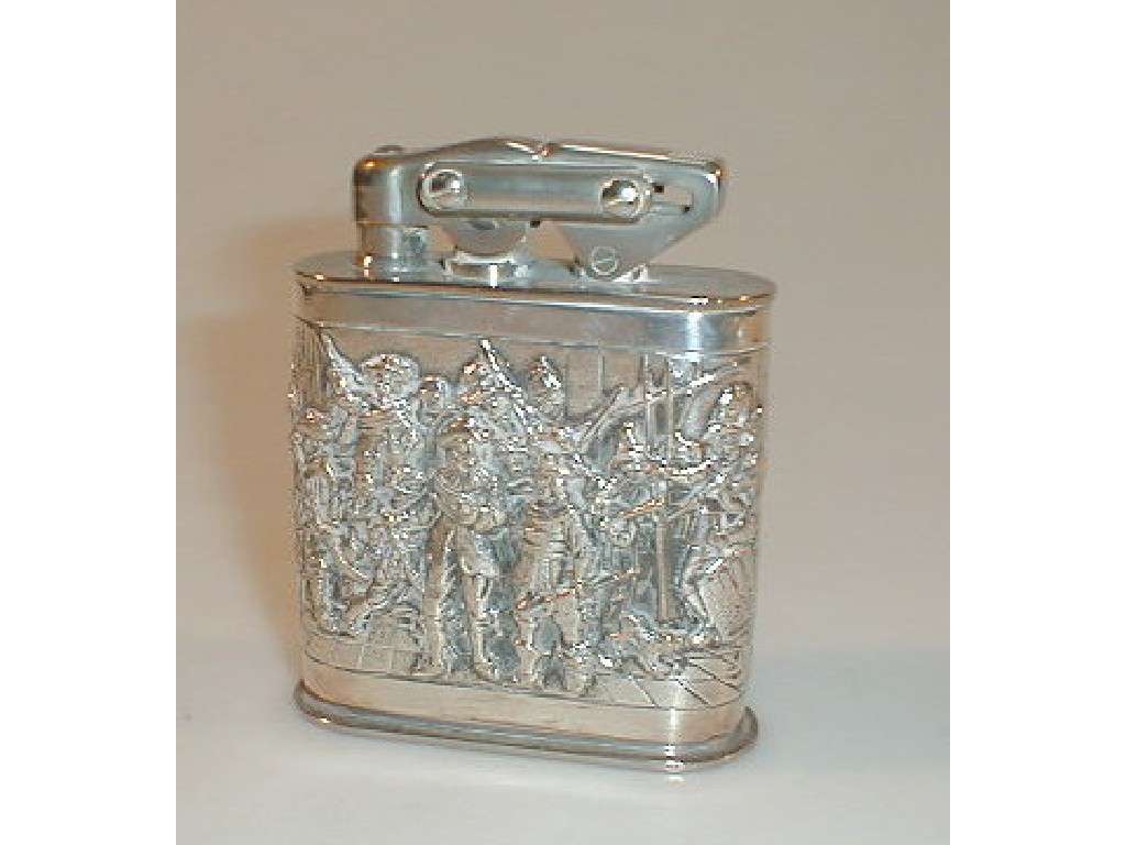 Appraisal: A Zilpla electroplate table lighter cast with musketeers around the