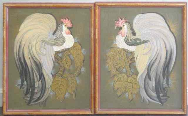 Appraisal: FAGER M E Pair of Gouaches of Roosters M E