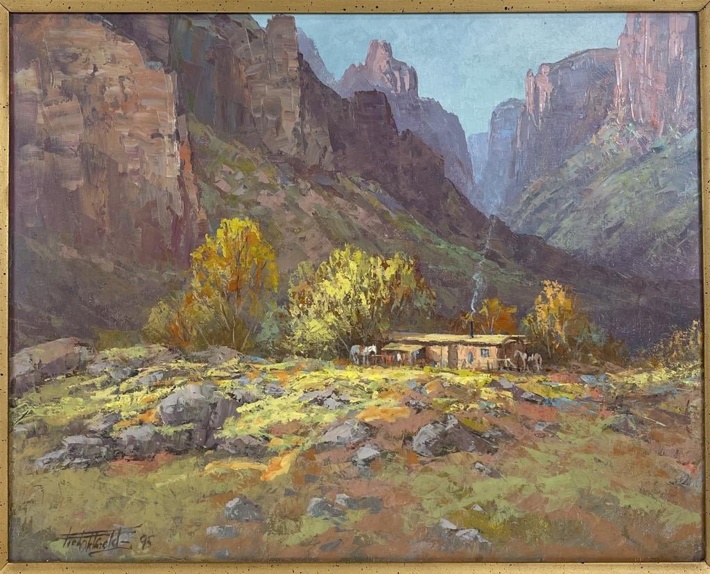 Appraisal: Fred Oldfield Oil Painting On Canvas miles east into Palm