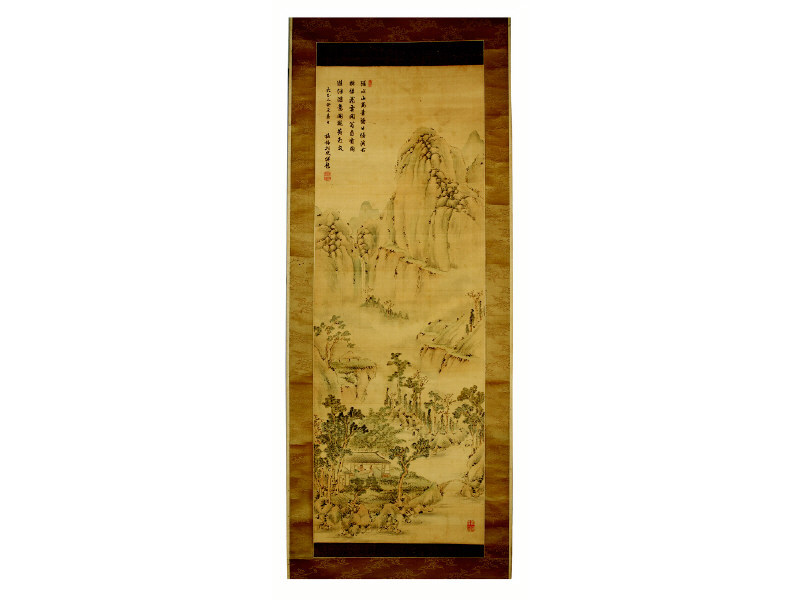 Appraisal: ANTIQUE CHINESE SCROLL PAINTING Depicting a mountainous landscape with a