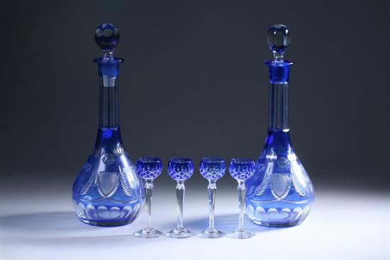 Appraisal: -PIECE COBALT CUT-TO-CLEAR GLASS CORDIAL SERVICE Comprising a pair decanters