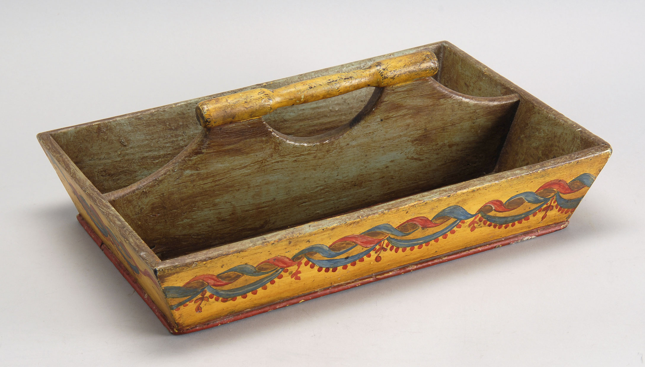 Appraisal: TH CENTURY WOOD CUTLERY BOX with yellow green and red