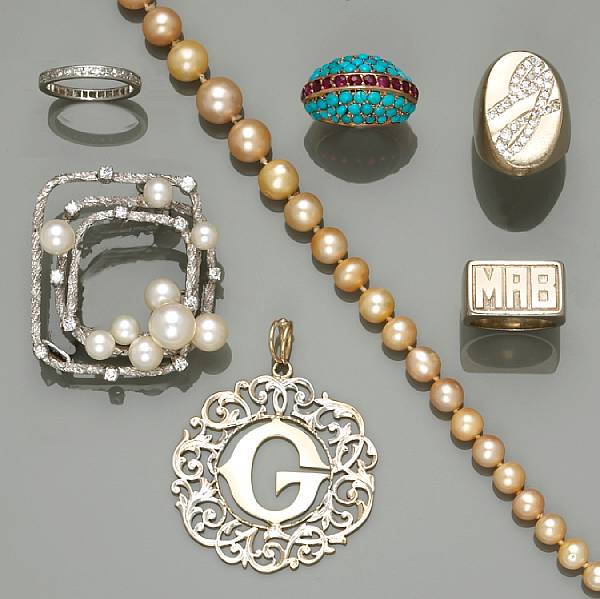 Appraisal: A collection of cultured pearl diamond gem-set and gold jewelry