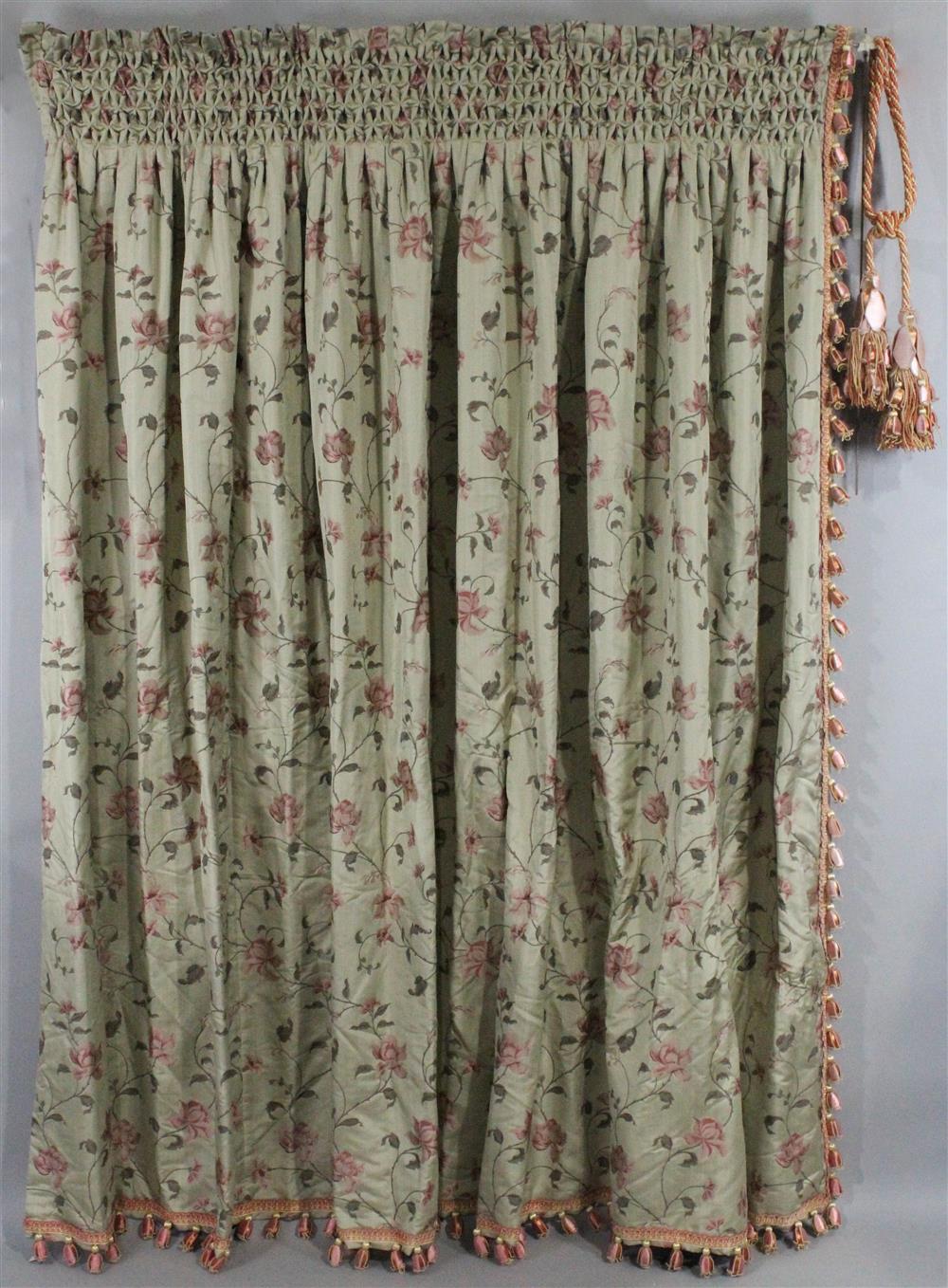 Appraisal: ONE PANEL BESPOKE SMOCKED AND SILK TASSELED FLORAL CELADON CURTAIN