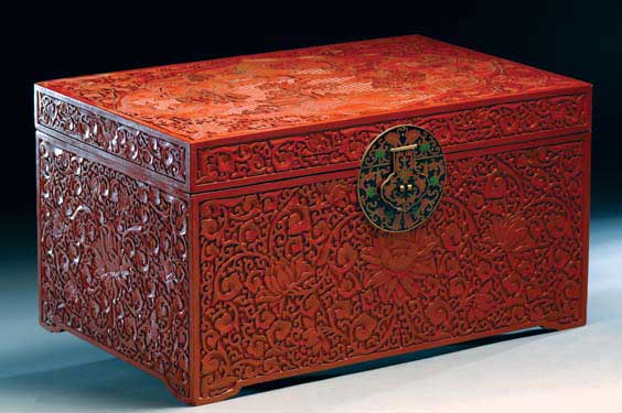 Appraisal: CHINESE CINNABAR LACQUER TRUNK Elaborately carved Chinese cinnabar lacquer trunk