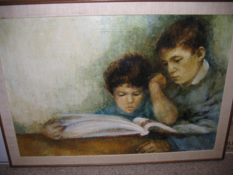 Appraisal: LEE WALLAS AMERICAN Boys reading book oil on board signed