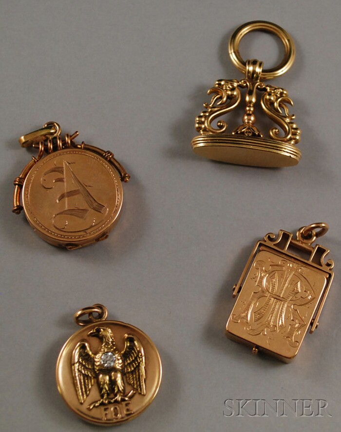 Appraisal: Four Gold Fobs two kt gold and two diamond-accented round