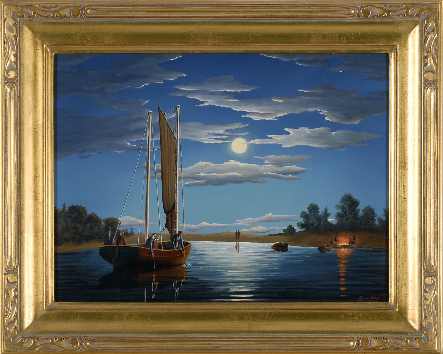 Appraisal: FRAMED PAINTING JEROME HOWES Cape Cod Contemporary Evening Fishing Moonlit