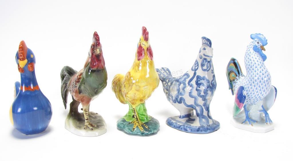 Appraisal: Group of Porcelain Roosters five total including Herend with blue