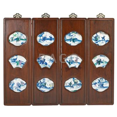 Appraisal: CHINESE PORCELAIN SCREEN Four-panel hardwood frame with inset porcelain plaques