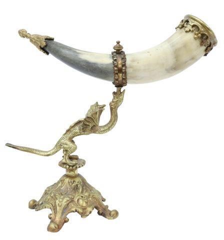 Appraisal: Gilt bronze mounted drinking horn early th c having elaborate