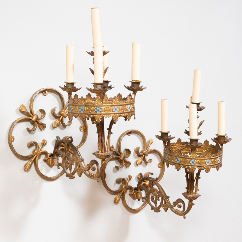 Appraisal: PAIR OF VICTORIAN GILT-METAL FIVE-LIGHT SCONCES Electrified x in diam