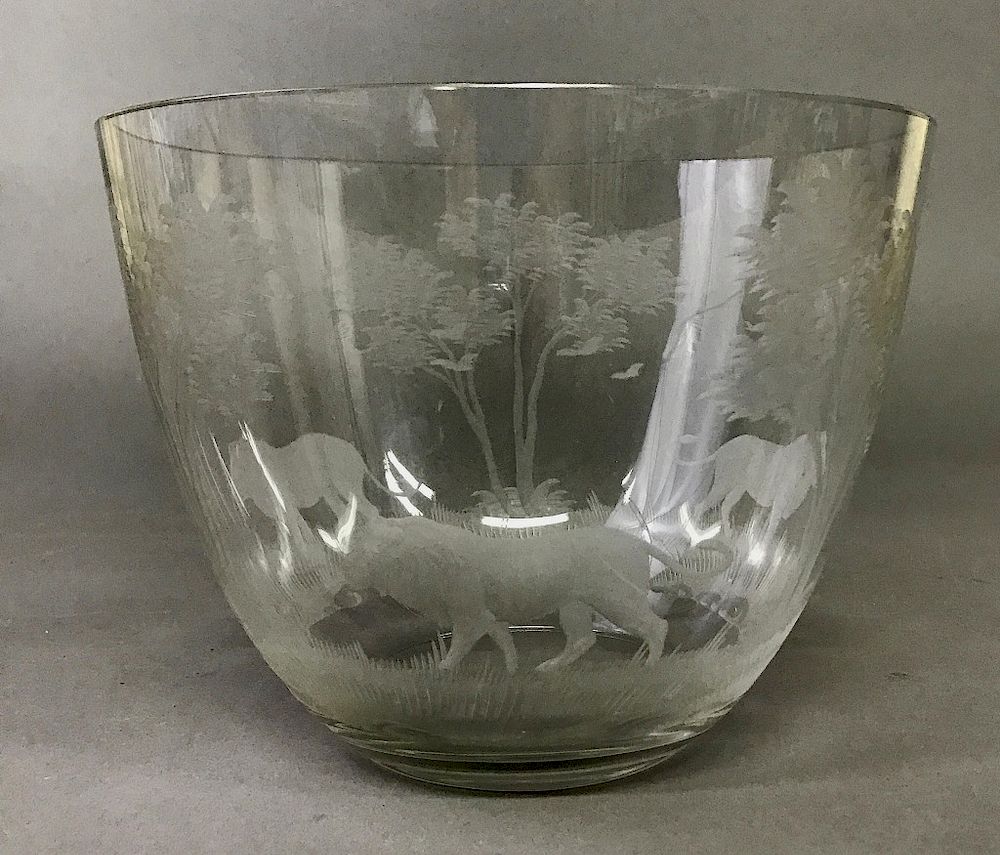 Appraisal: Glass Engraved Safari Pattern Salad Bowl Glass engraved Safari pattern