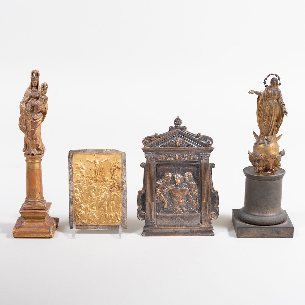 Appraisal: Group of Four Continental Religious Objects Comprising A carved giltwood