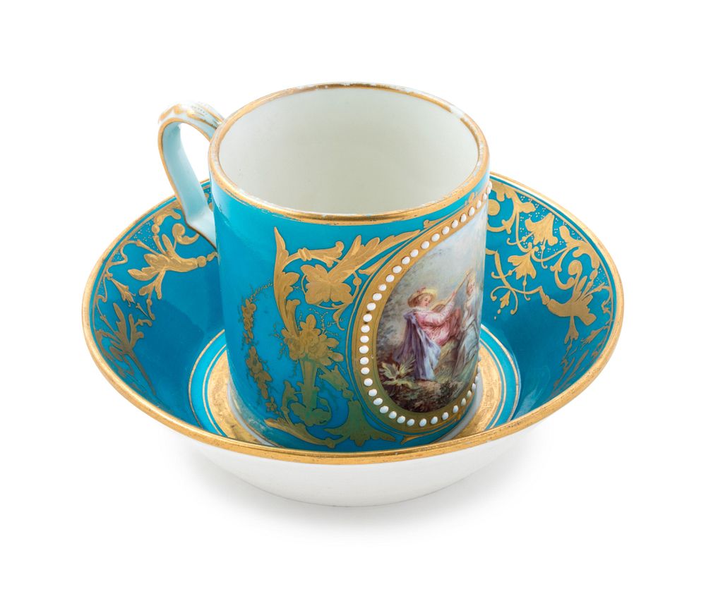 Appraisal: A Sevres Style Painted Parcel Gilt and Jeweled Turquoise-Ground Porcelain