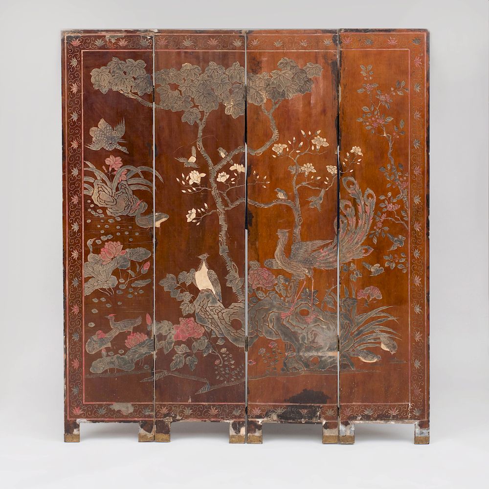 Appraisal: Chinese Four Panel Brown Lacquer Coromandel Screen Fitted with brass