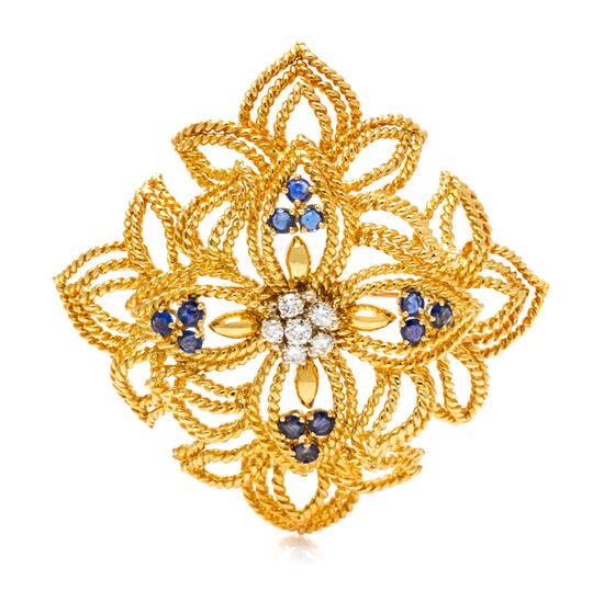 Appraisal: Sale Lot An Karat Yellow Gold Diamond and Sapphire Brooch