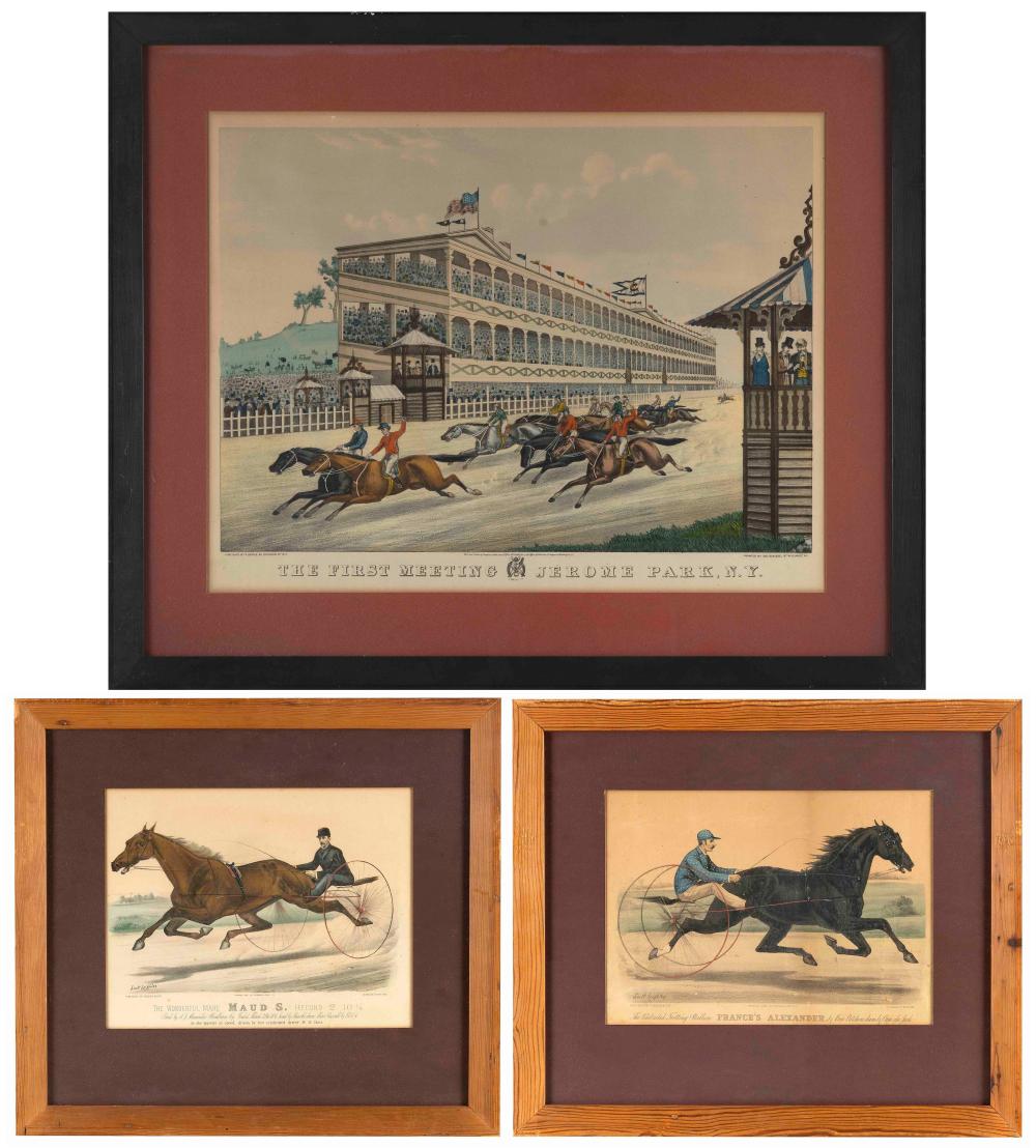 Appraisal: THREE HORSE-RELATED COLORED LITHOGRAPHSTHREE HORSE-RELATED COLORED LITHOGRAPHS The First Meeting