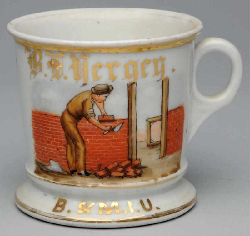 Appraisal: Bricklayer Shaving Mug Gilt name B F Hergey and B