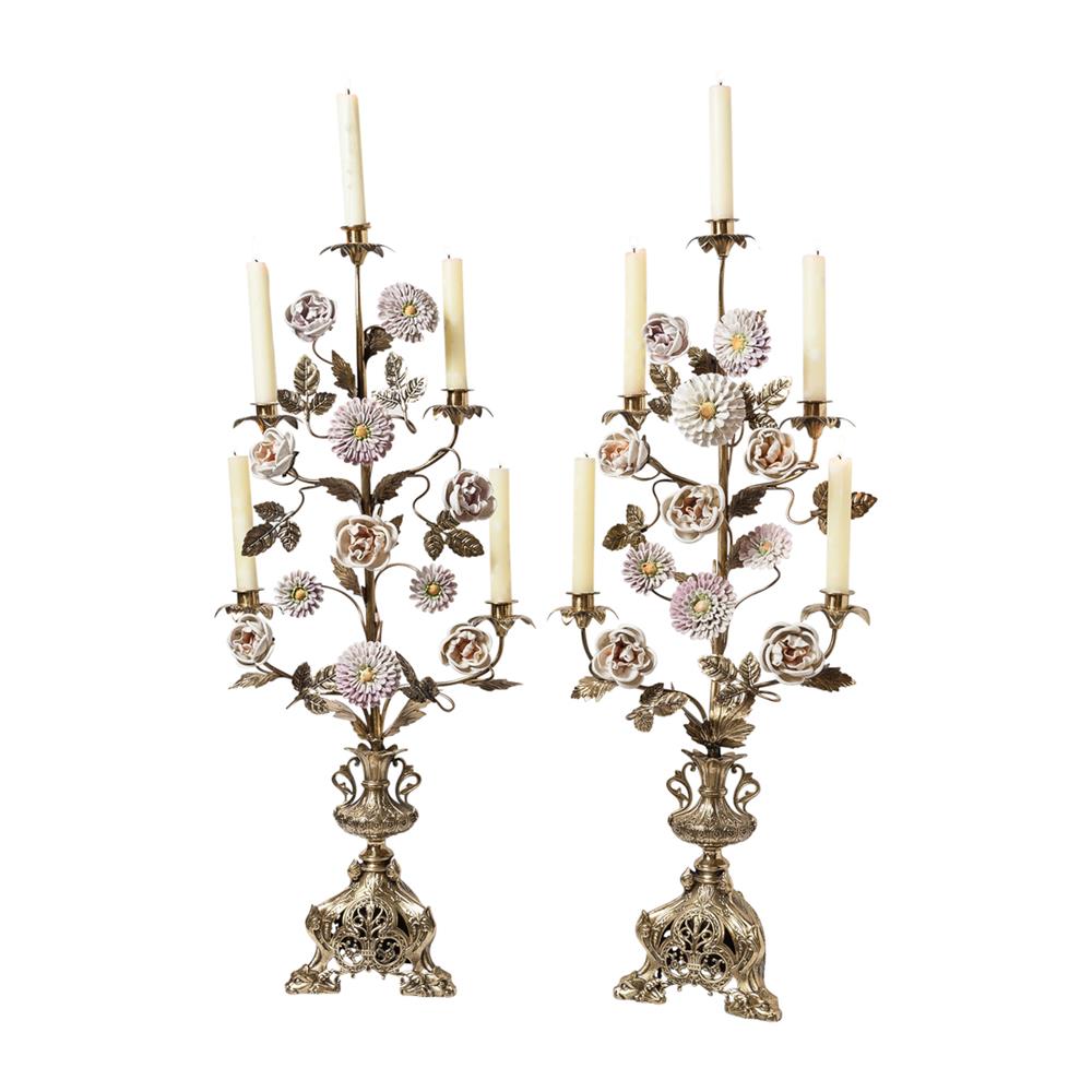 Appraisal: PAIR OF CONTINENTAL ROCOCO STYLE PORCELAIN MOUNTED BRASS FIVE LIGHT