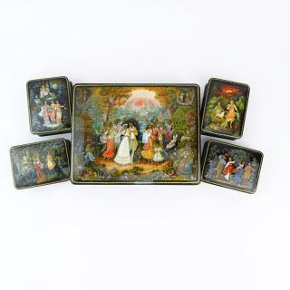 Appraisal: Collection of Five Russian Lacquered Boxes Collection of Five Russian