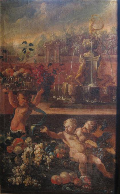 Appraisal: CONTINENTAL SCHOOL th century PUTTI WITH GRAPES FOUNTAIN AND LANDSCAPE