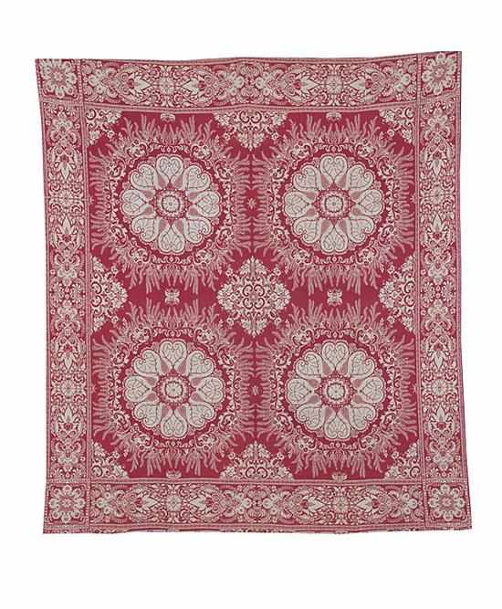 Appraisal: American wool jacquard coverlet dated red and white loomed with