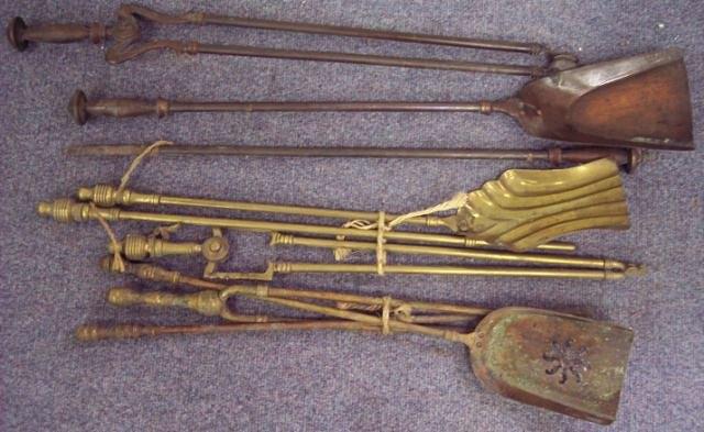 Appraisal: A set of copper fire irons and two sets of