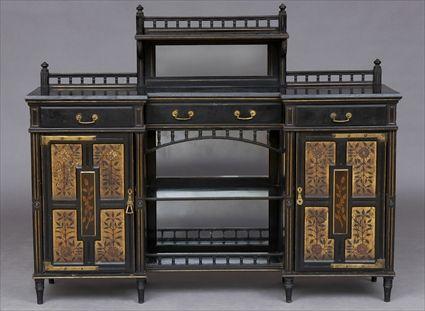 Appraisal: ENGLISH AESTHETIC MOVEMENT GILT-METAL-MOUNTED MARQUETRY INLAID AND PAINTED LEATHER AND