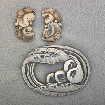 Appraisal: GEORG JENSEN SILVER BROOCH AND EARRINGS Denmark post-war Brooch Earrings