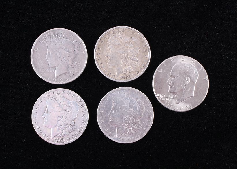 Appraisal: Four Morgan and One Eisenhower Silver Dollar Coins Included in