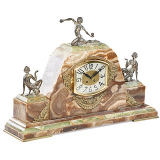 Appraisal: ART DECO ONYX AND MARBLE MANTEL CLOCK Adorned with female