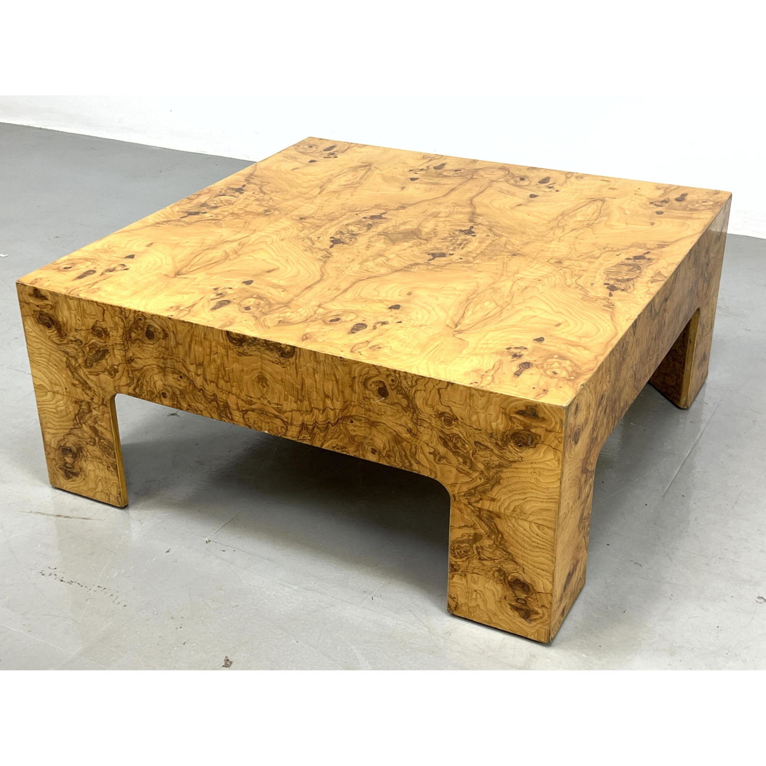 Appraisal: Milo Baughman style Burl Wood Cocktail Table Modernist Square Coffee