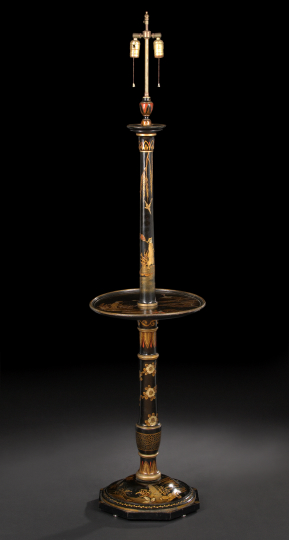 Appraisal: Edwardian Gilded and Polychromed Black Lacquer Lamp Table ca the