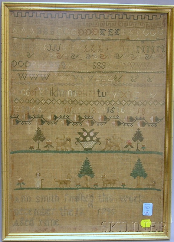 Appraisal: Framed Ann Smith Needlework Sampler sight size x in Not