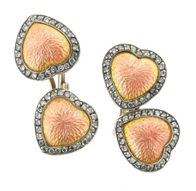 Appraisal: A pair of enamel and diamond heart shaped cufflinks Each