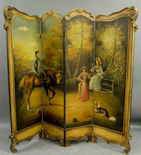 Appraisal: Decorative four-panel screen with hand-painted country scenes with horses and