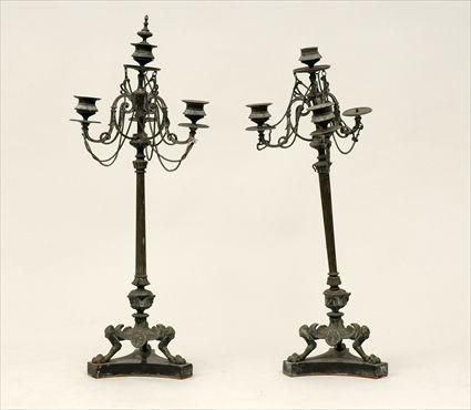 Appraisal: Pair of Pompeian-Style Patinated Metal Four-Light Candelabra x in