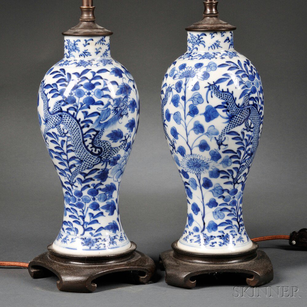 Appraisal: Pair of Chinese Export Porcelain Lamp Bases th century underglaze