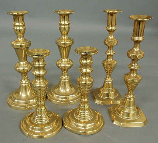 Appraisal: Six Victorian brass candlesticks th c tallest h