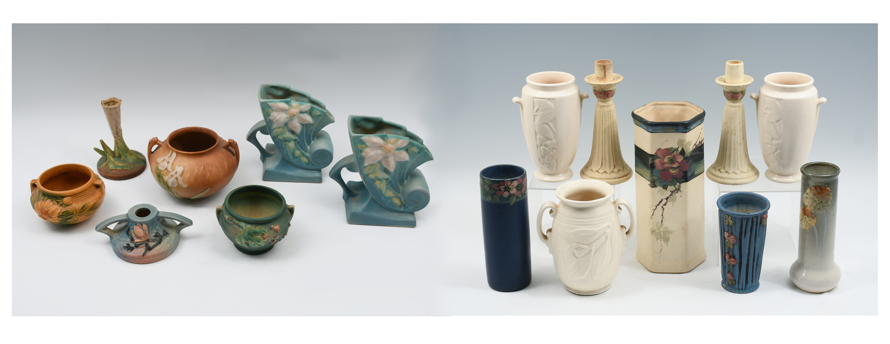 Appraisal: PC ROSEVILLE POTTERY VASES CANDLESTICK LOT Comprising ''Magnolia'' candle holder