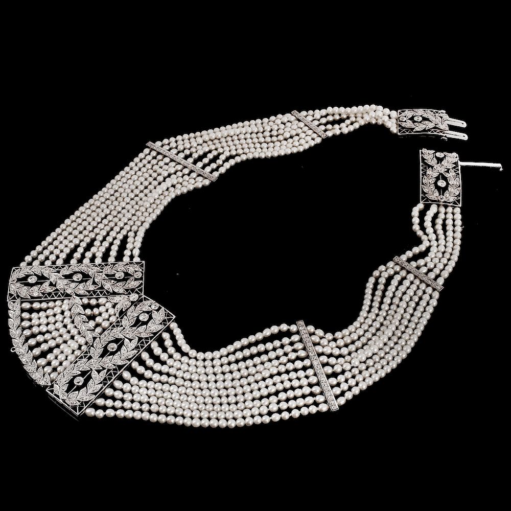 Appraisal: Edwardian Diamond Pearl and Platinum Necklace Antique Edwardian Circa Eight