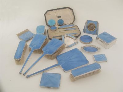 Appraisal: A quantity of various blue-enamelled dressing table items five brushes