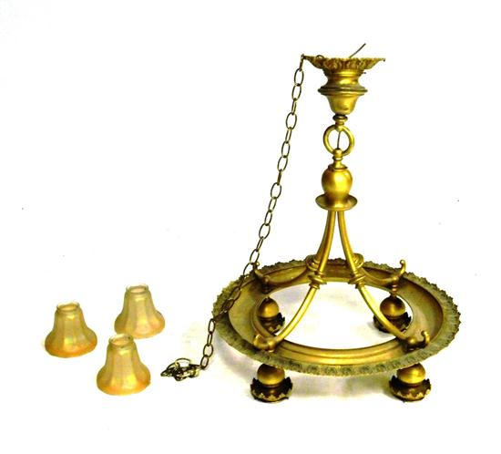 Appraisal: Bradley Hubbard gilt metal chandelier four arms three matching irridescent