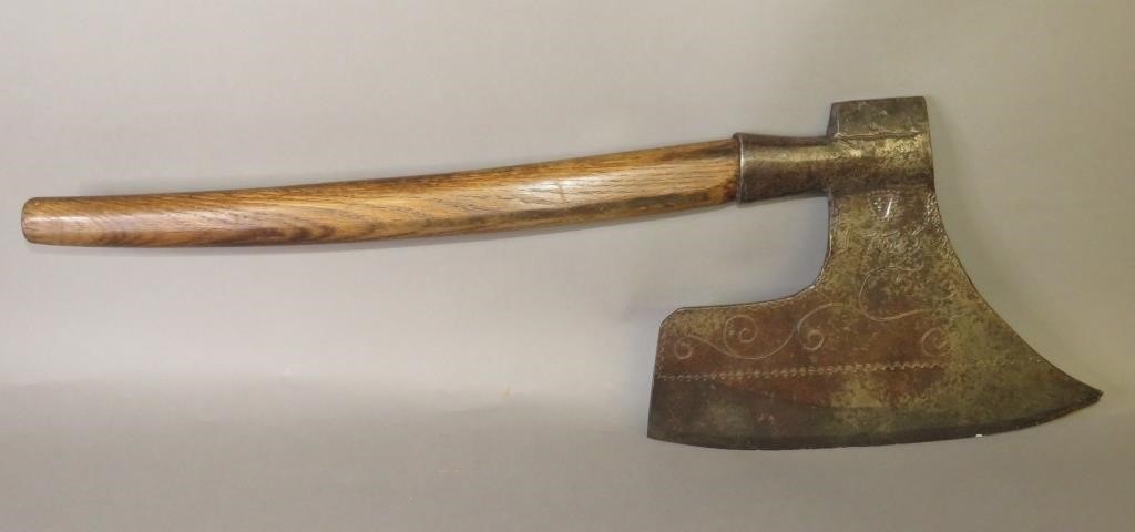 Appraisal: CONTINENTAL TOOL DECORATED GOOSEWING TYPE AXEca dated Austrian-type broad axe