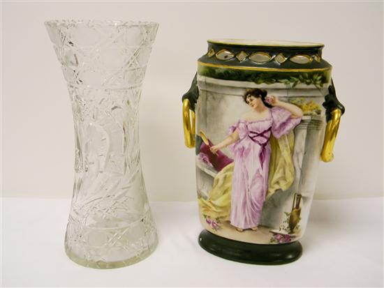 Appraisal: Limoges hand painted vase with woman holding mirror '' h