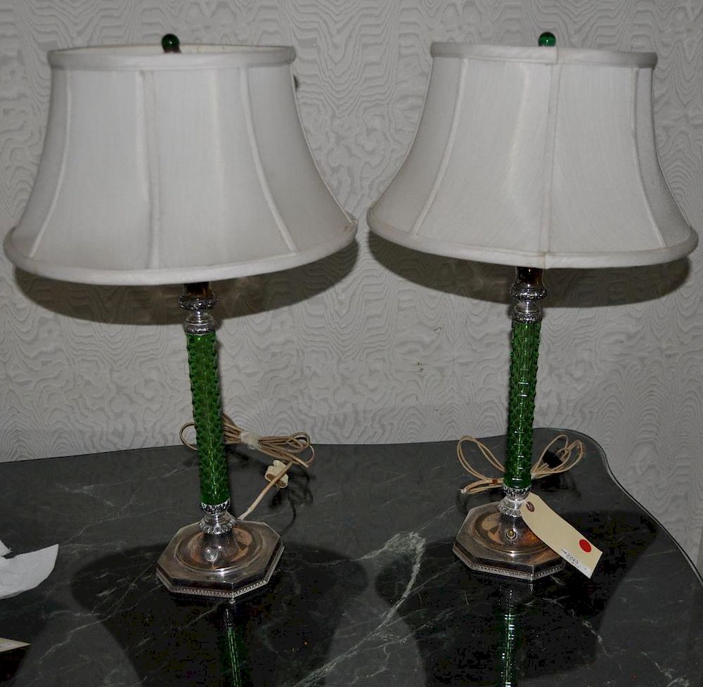 Appraisal: Pair Twisted Glass Silver Candlesticks As Lamps overall height square