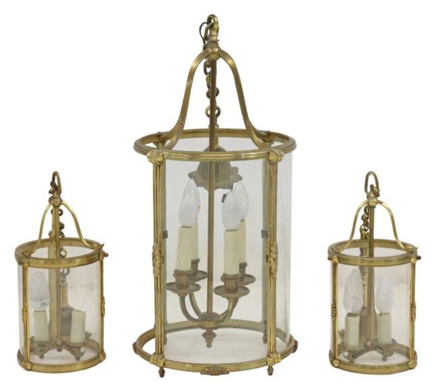 Appraisal: lot of French cylindrical brass and glass hanging lanterns th